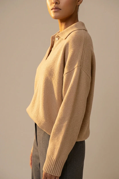 [ASD1] Women'S Elegant Casual Cute Sexy Lapel Solid Color Polo Neck Button Soft Warm Long Sleeve Sweater Pullover Basic Style Sweater — variant_front