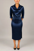 Satin-look Cowl Neck Midi Dress, Shirt-Collar Occasion Dress