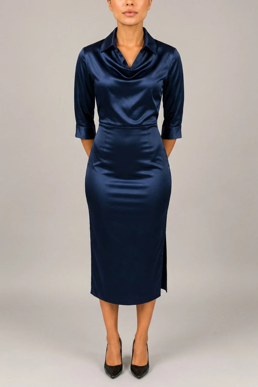 Women’s Satin Look Cowl Neck Midi Dress – Elegant Occasion Dress — variant_front