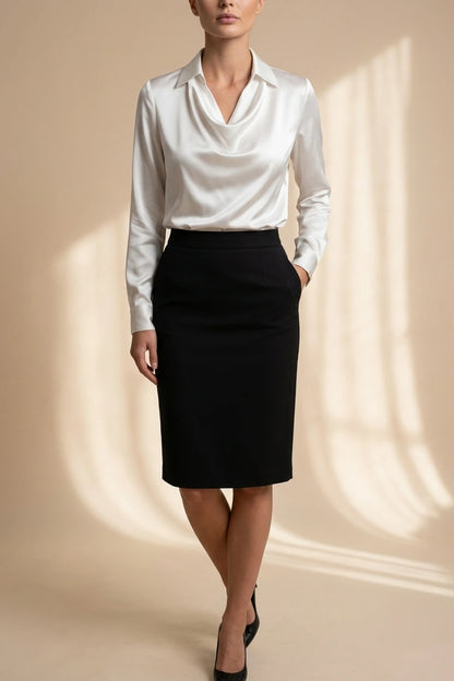 Elegant Satin Blouse with Draped Neckline and Classic Collar — variant_front