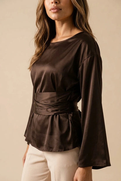 Women’s Satin Look Tie Waist Blouse – Long Sleeve Draped Evening Top — variant_front