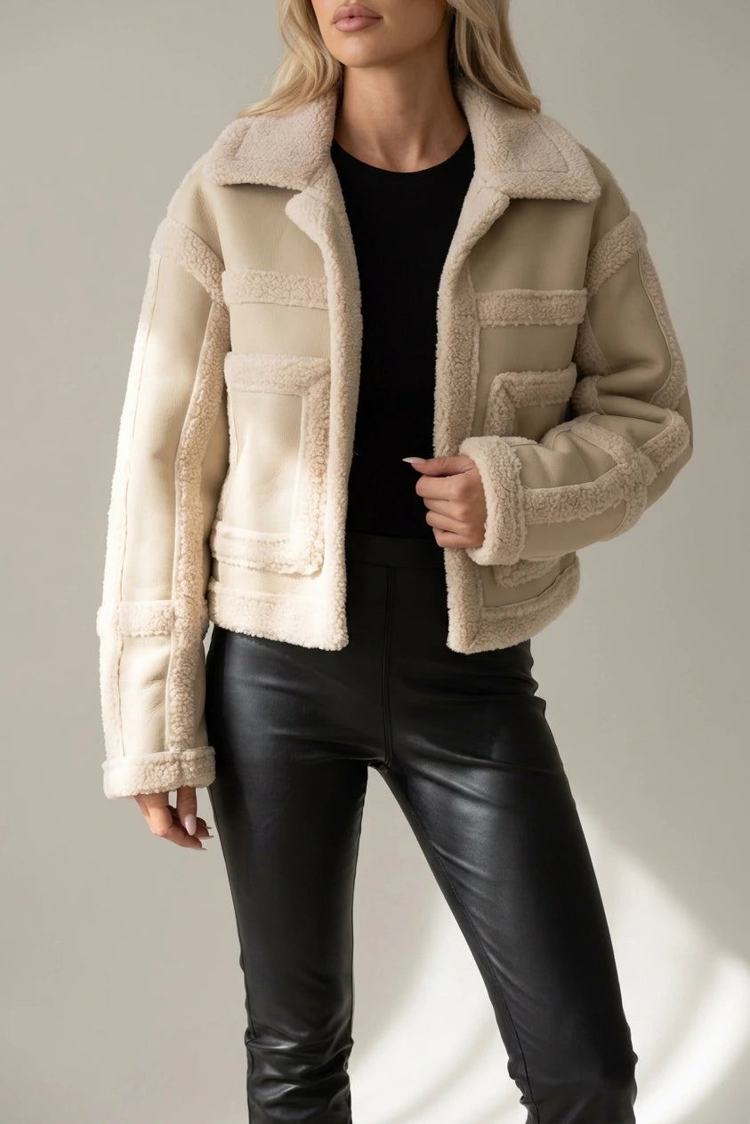 Women's Faux Shearling Aviator Jacket with Notch Collar — variant_front