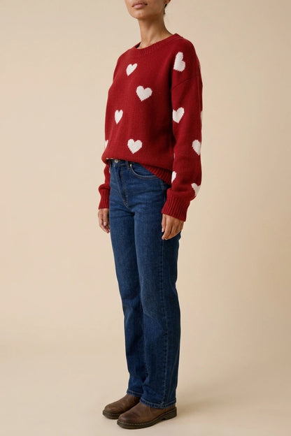 Women’s Heart Print Knitted Jumper – Crew Neck Sweater — variant_front