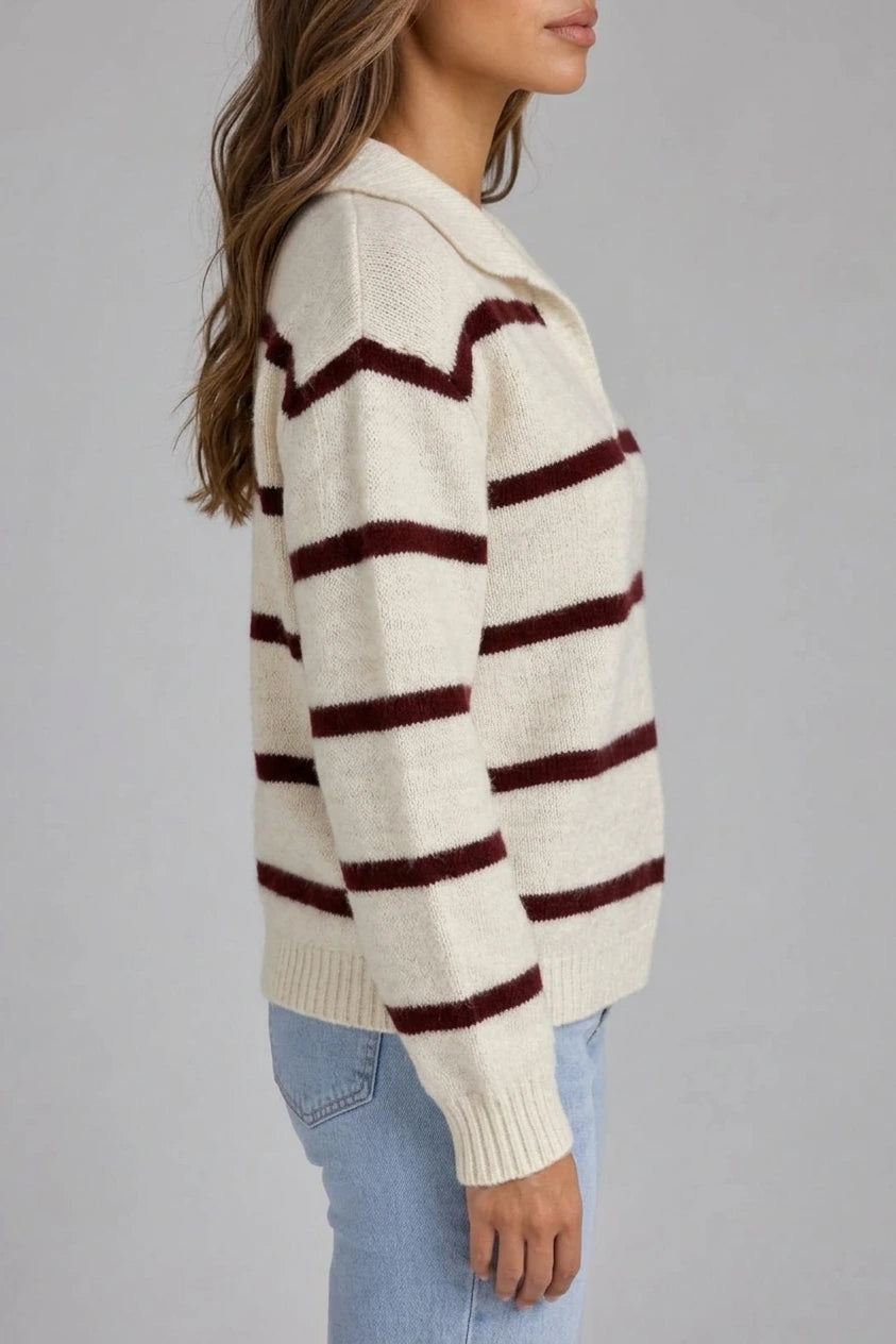 Women's Wool Striped Jumper, Collared V-Neck Long Sleeve Knit — variant_front