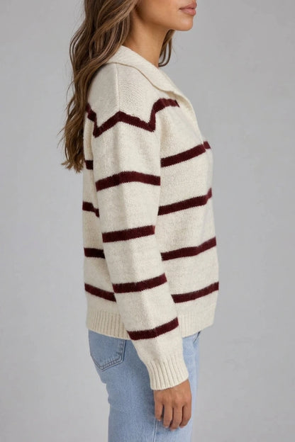 Women's Wool Striped Jumper, Collared V-Neck Long Sleeve Knit — variant_front