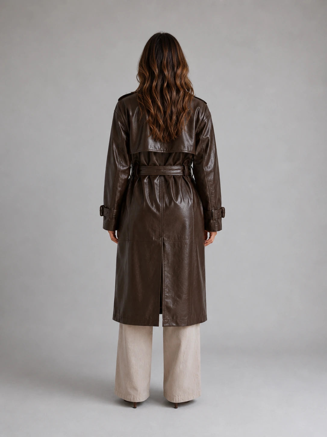 Women’s Leather Look Trench Coat – Long Double Breasted Belted Jacket — gallery_02.webp