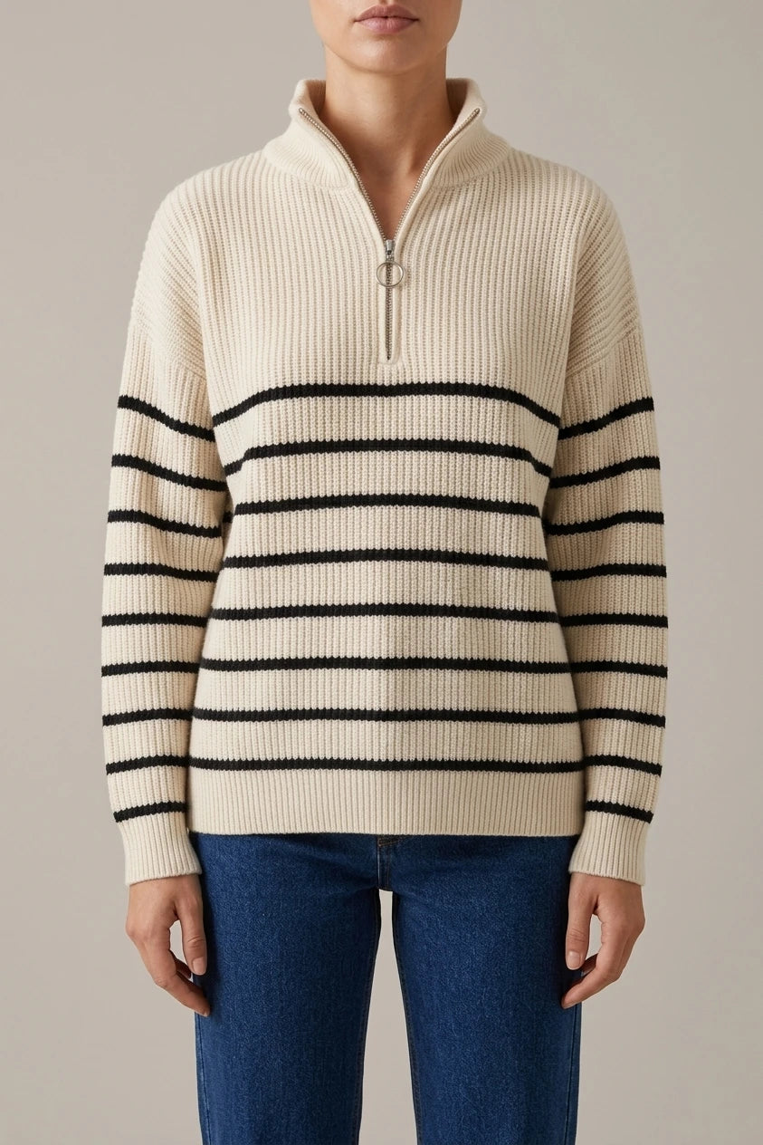 Women's Striped Ribbed Jumper with Zip Neckline — variant_front
