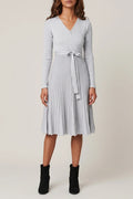 Pleated Tie Waist Knit Midi Dress, Long Sleeve Wrap V-neck