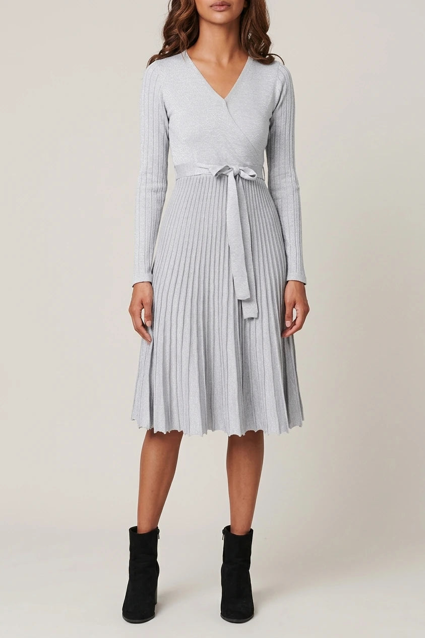 Pleated Tie Waist Knit Midi Dress — variant_front