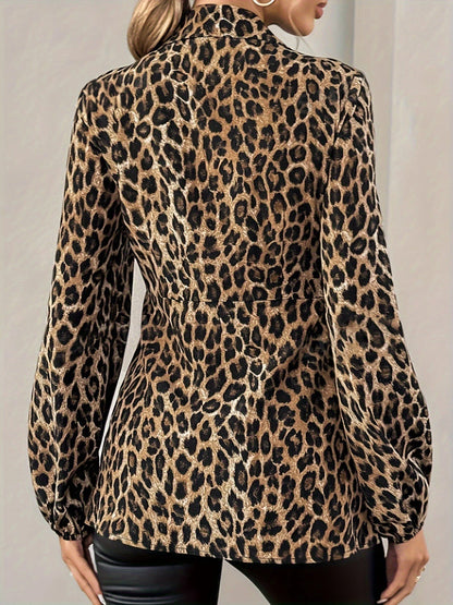 Leopard Print Wrap Blouse with Tie Waist Office to Evening Long Sleeves Top — gallery_02.webp