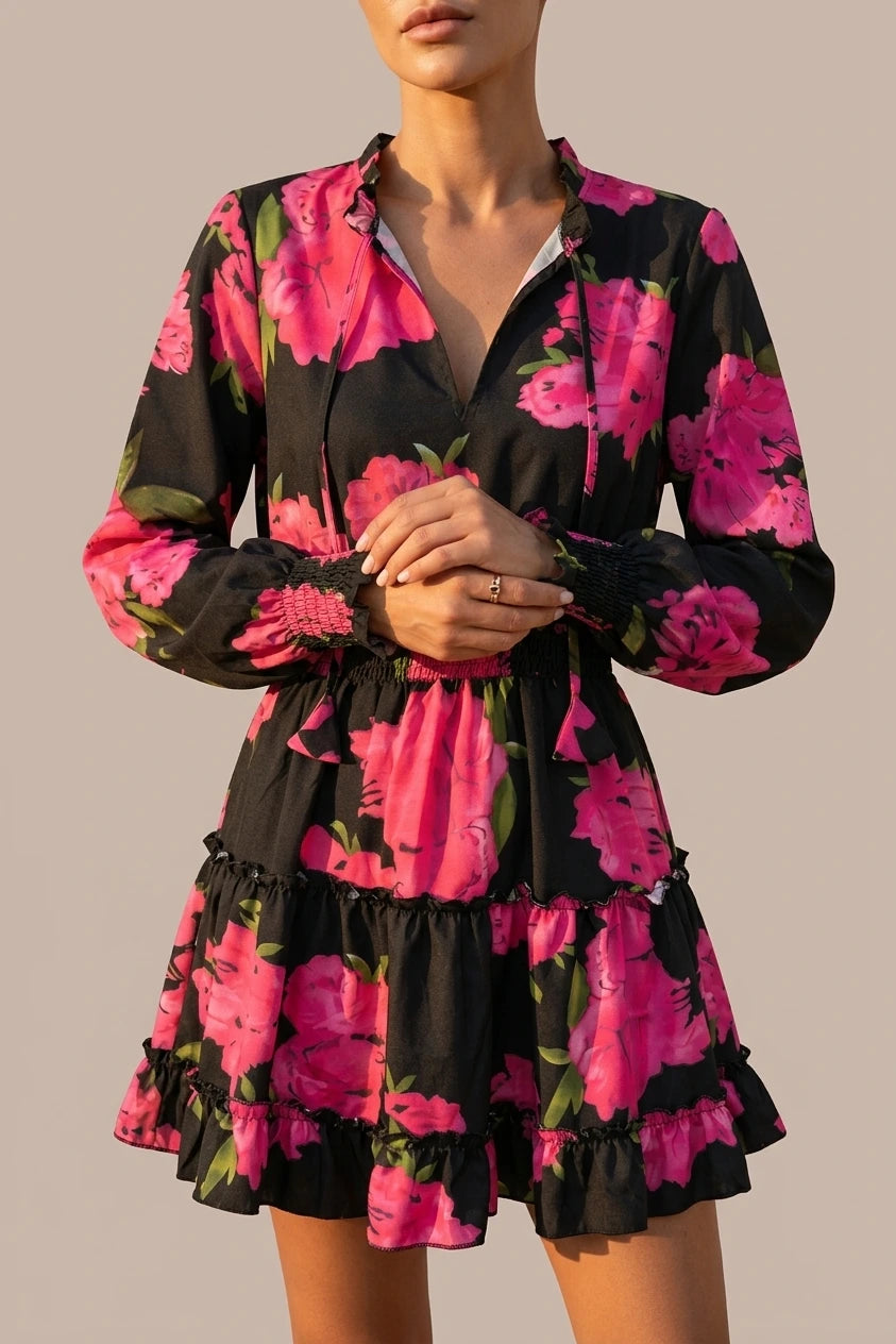 Ruffled Printed V-Neck Fitted Long Sleeve Tiered Dress — variant_front