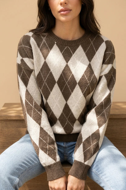 Women’s Argyle Knit Jumper – Crew Neck Long Sleeve Diamond Pattern Sweater — variant_front