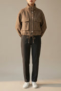 Vintage British Houndstooth Jacket Zip-Up Blazer with Stand Collar