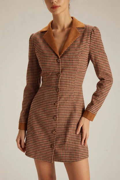 Plaid Spliced Suede Mini Dress With Contrast Collar, Long Sleeves And Button Front