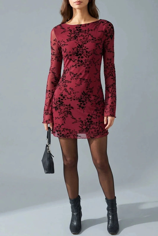 Floral Mesh Mini Dress Long Sleeve Boat Neck Fitted Silhouette