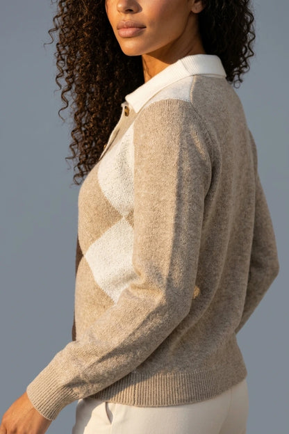 Women’s Argyle Collared Jumper – Button Neck Long Sleeve Knit Sweater — variant_front