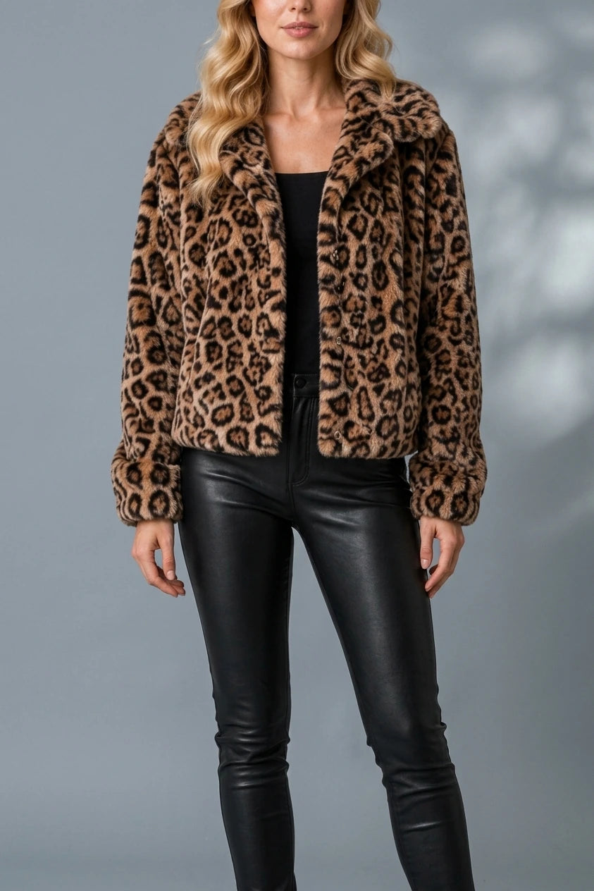 Women’s Leopard Print Fur Cropped Jacket – Soft Teddy Winter Coat — variant_front