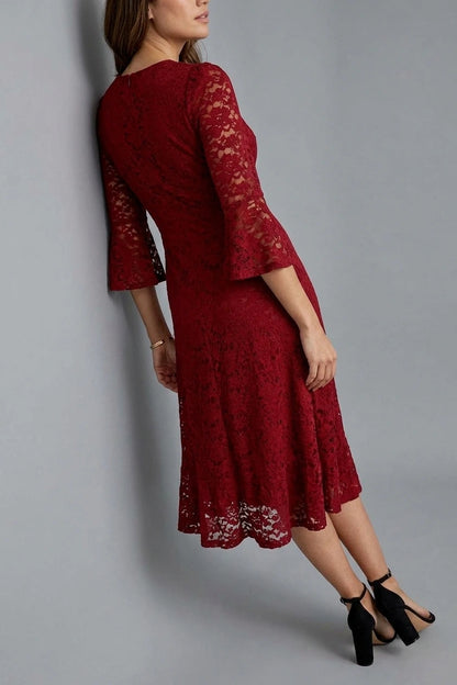 Lace Semi Sheer 3/4 Flute Sleeve Midi Dress — variant_front
