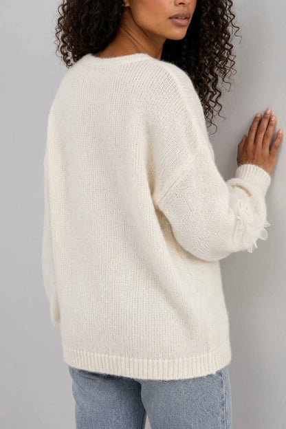 Women’s Floral Knit Jumper – Crew Neck Long Sleeve Sweater with 3D Flower Detail — variant_front