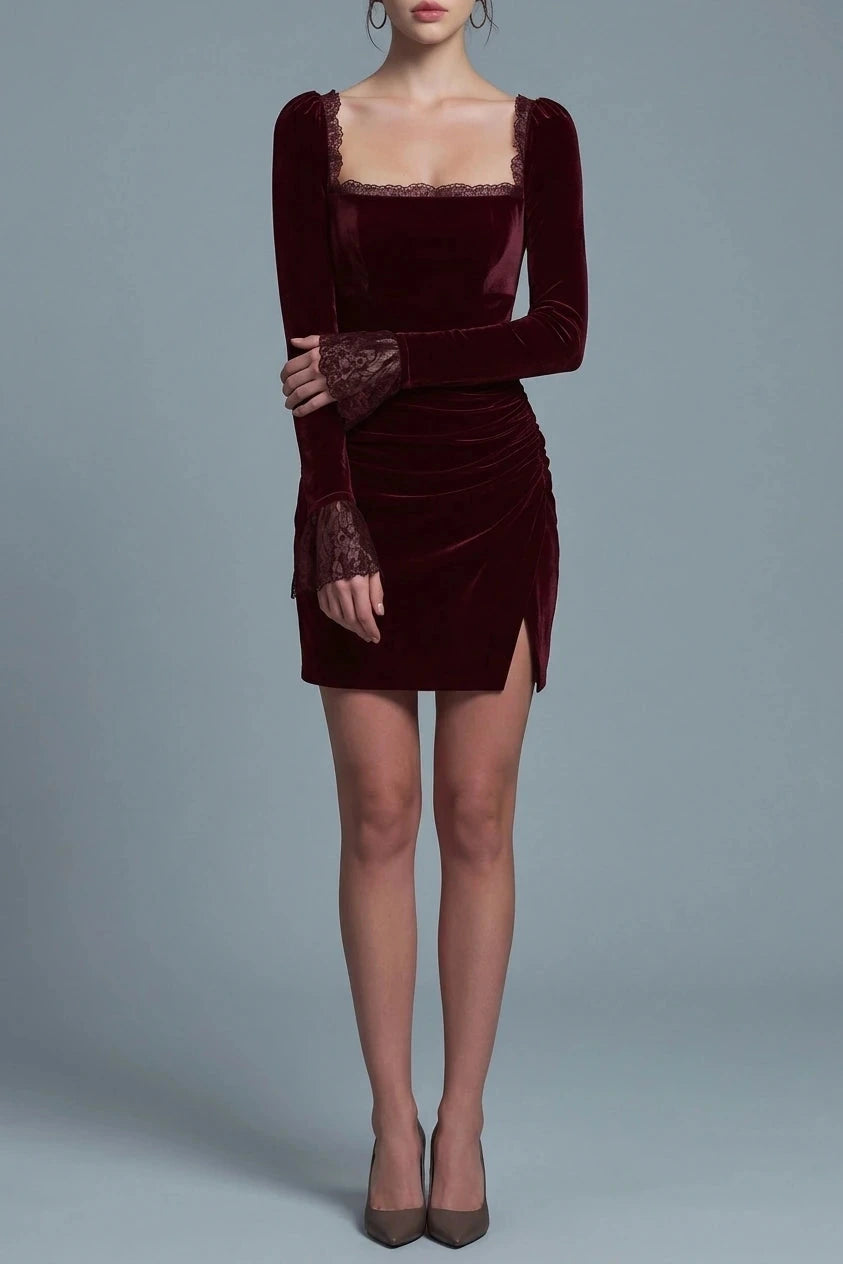 Velour Square Neck Mini Dress Ruched Body Lace Trim Long Sleeves