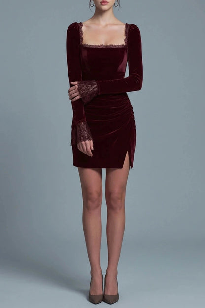 Velour Square Neck Mini Dress Ruched Body Lace Trim Long Sleeves