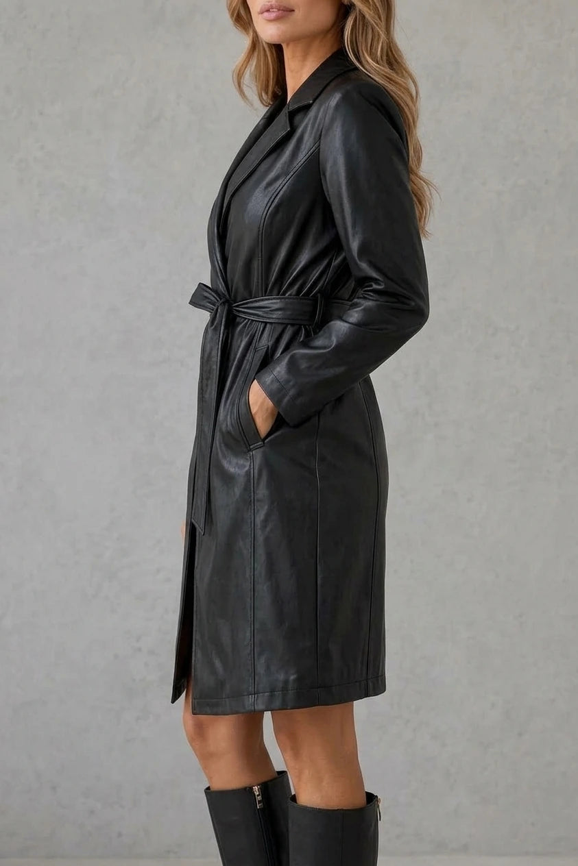 Women’s Faux Leather Long Trench Coat – Slim Fit Belted Jacket — variant_front