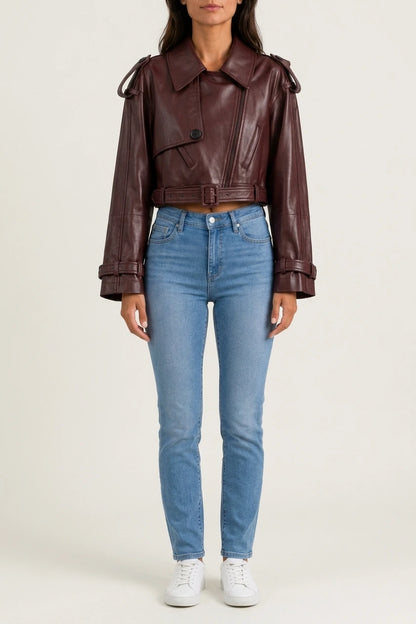 Women’s Leather Biker Jacket – Belted Cropped Style — variant_front