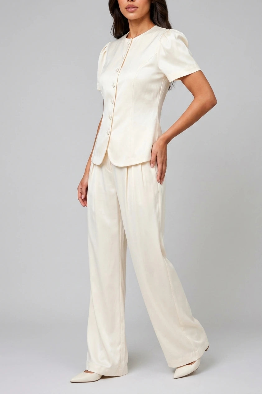 Women’s Tailored Two-Piece Trouser Suit – Short Sleeve Blazer & Wide Leg Trousers Set — variant_front
