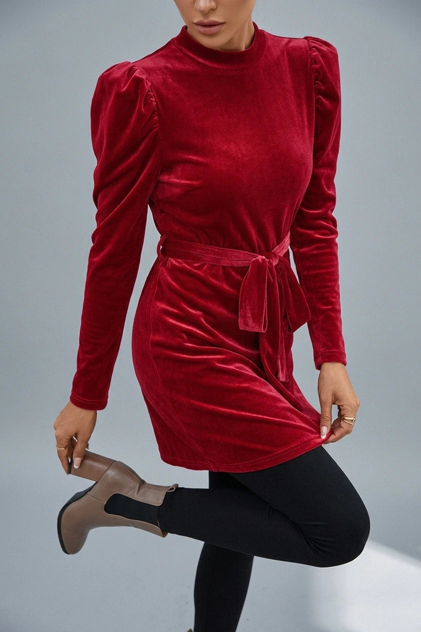Women's Puff Sleeve Velvet Mini Dress with Tie Belt — variant_front