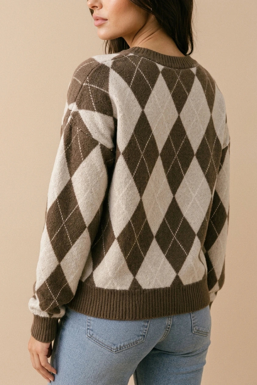 Women’s Argyle Knit Jumper – Crew Neck Long Sleeve Diamond Pattern Sweater — variant_front