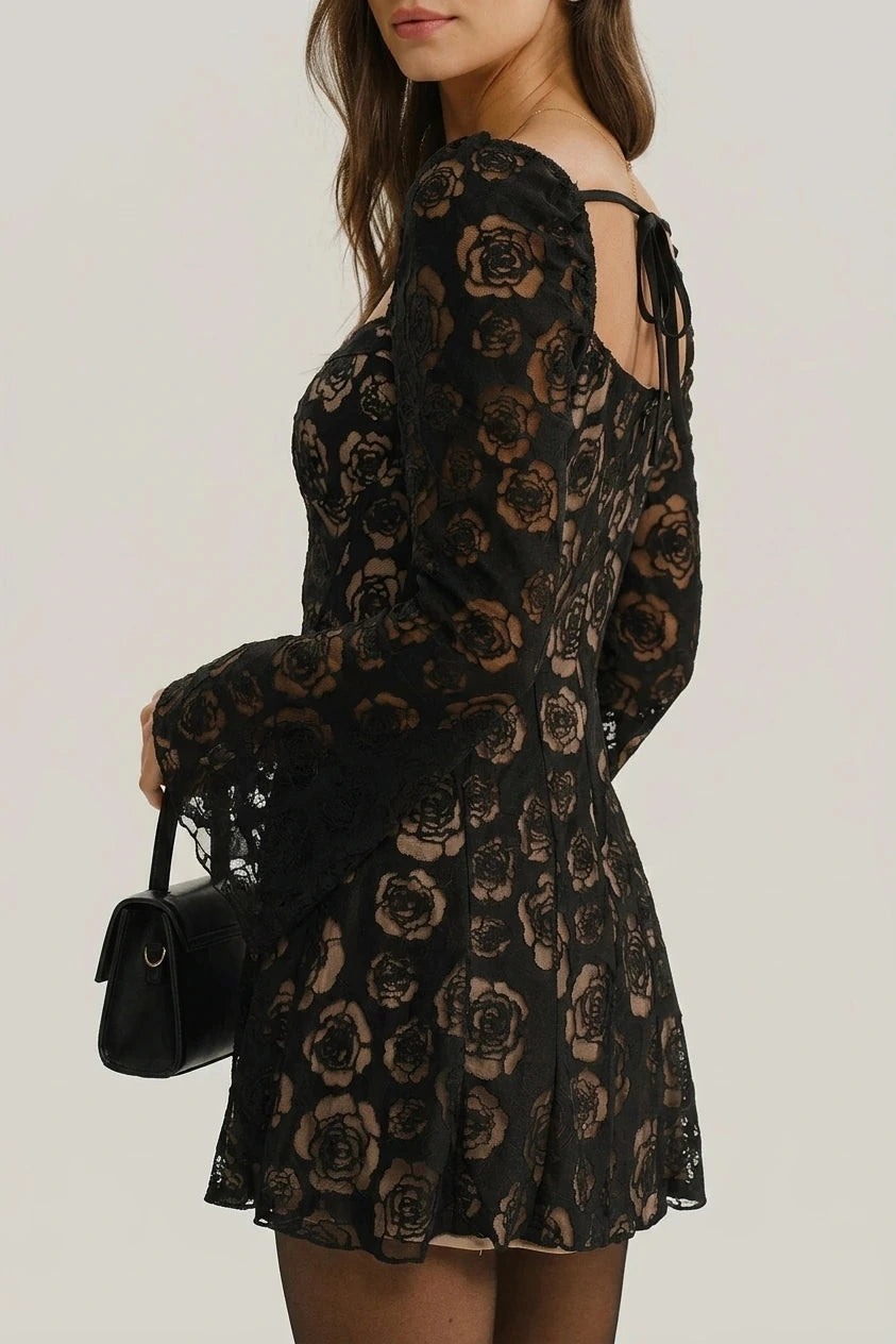 See Through Bell Sleeve Mini Dress With Square Neck And Floral Lace