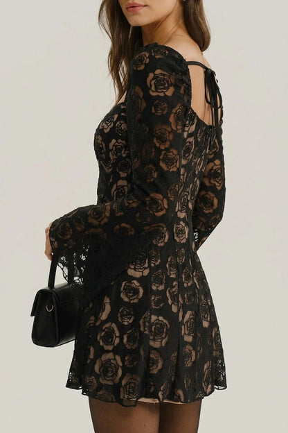 See Through Bell Sleeve Mini Dress With Square Neck And Floral Lace