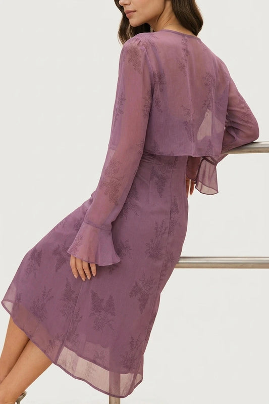Floral Ruched Slip Midi Dress With Sheer Cropped Jacket