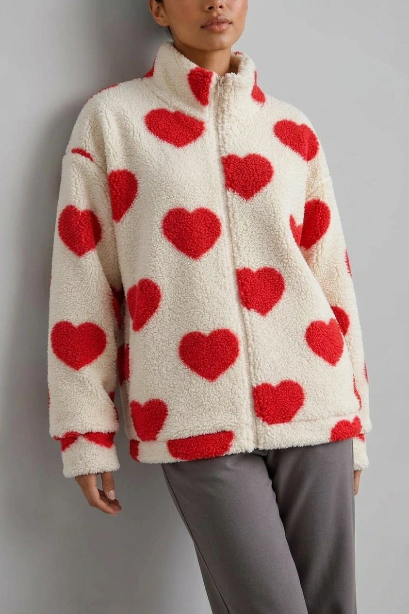 Women’s Heart Print Teddy Fleece Jacket – Zip Up Relaxed Fit Sherpa — variant_front