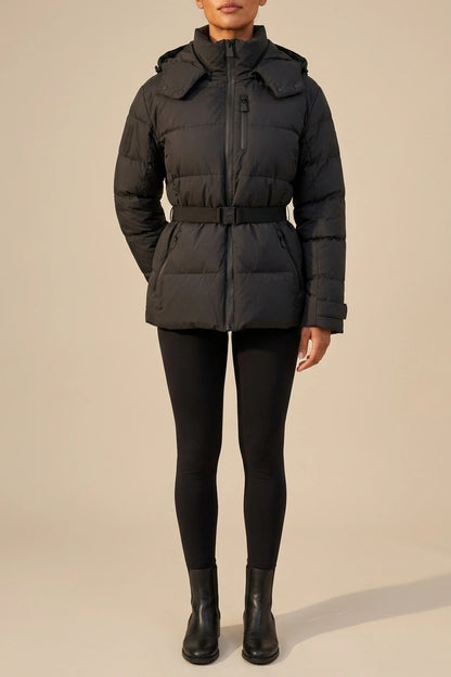 Women’s Belted Hooded Puffer Jacket – Warm Padded Winter Coat — variant_front