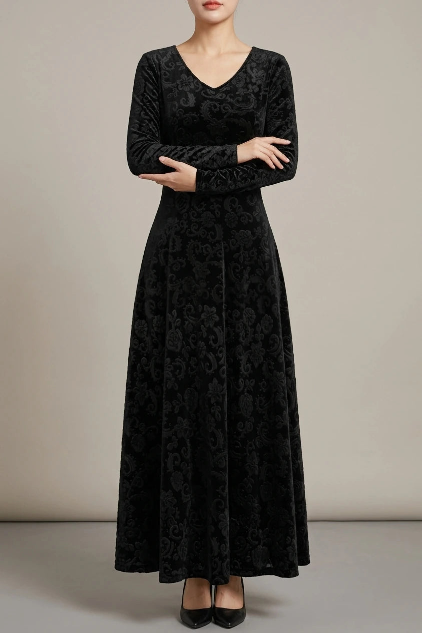 Elegant Vintage Velvet Floral V Neck Long Sleeves Maxi Dress — variant_front