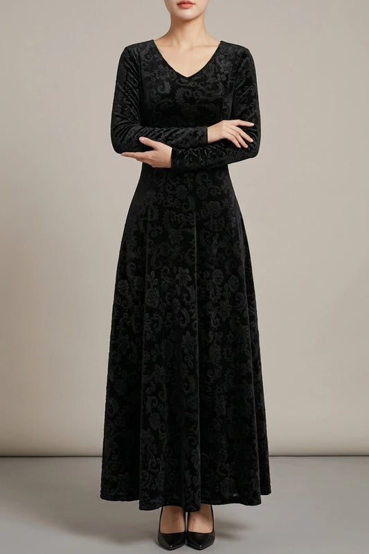 Elegant Vintage Velvet Floral V Neck Long Sleeves Maxi Dress — variant_front