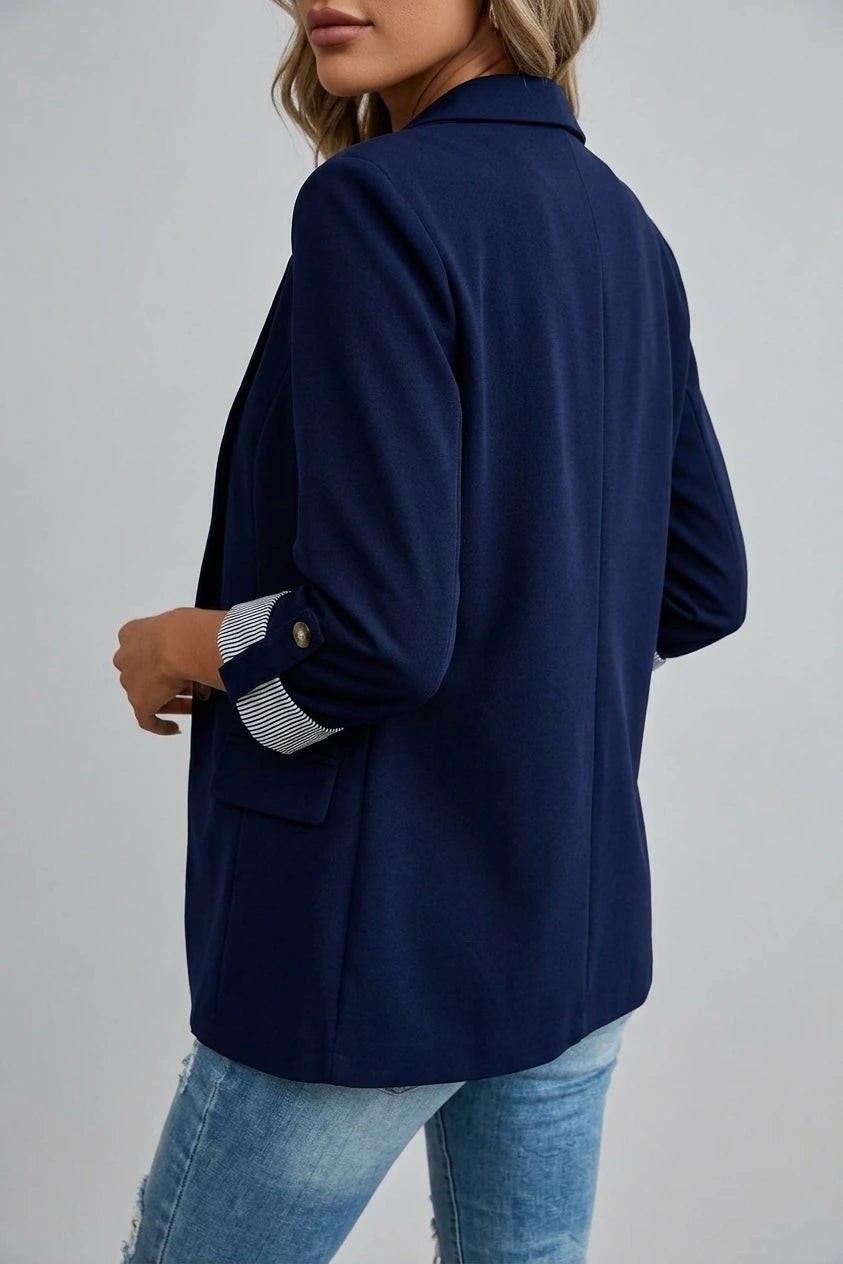 Flattering Rolled Sleeves Notched Lapel Buttoned Lightweight Office Casual Jacket Blazer — variant_front