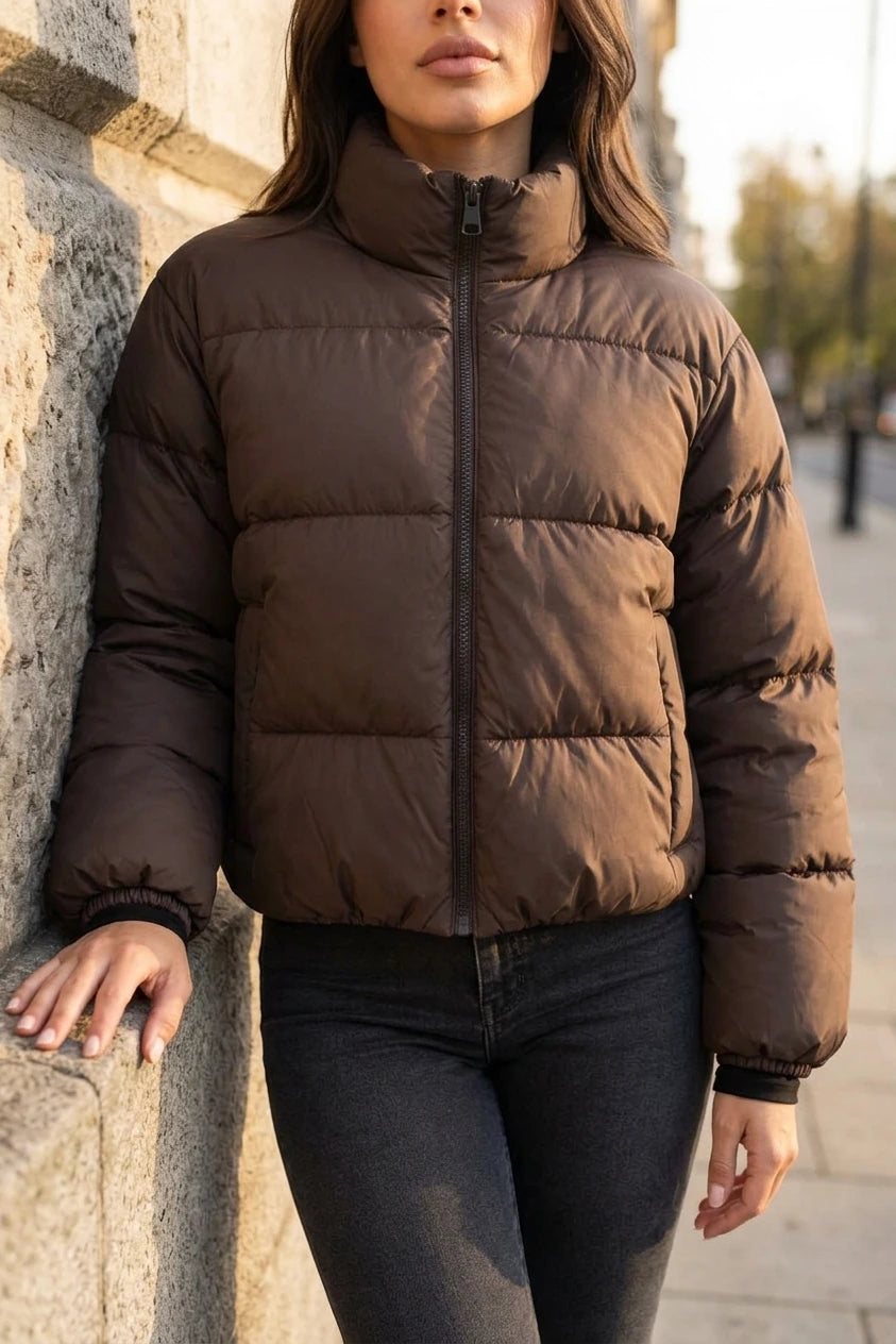 Women’s Cropped Puffer Jacket – High Neck Full Zip Padded Coat — variant_front