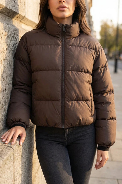 Women’s Cropped Puffer Jacket – High Neck Full Zip Padded Coat — variant_front