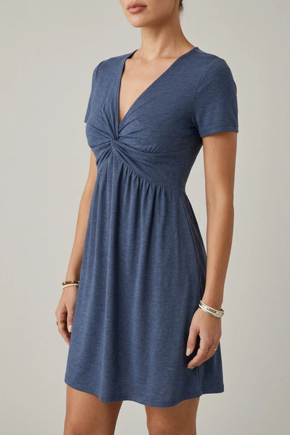 V Neck Short Sleeves Ruched Casual Mini Dress — variant_front