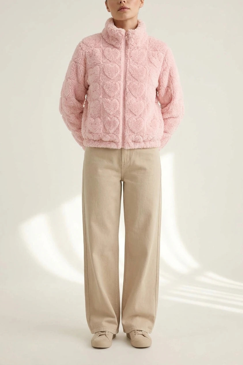 Pink Heart Teddy Fleece Zip Up Jacket — variant_front