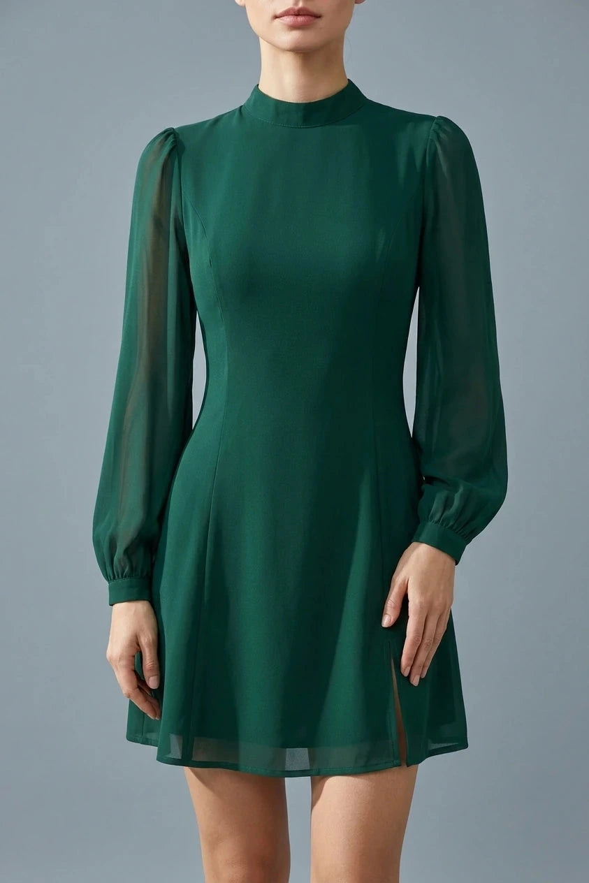 Stand Collar Mini Dress With Sheer Bishop Sleeves And Side Slit
