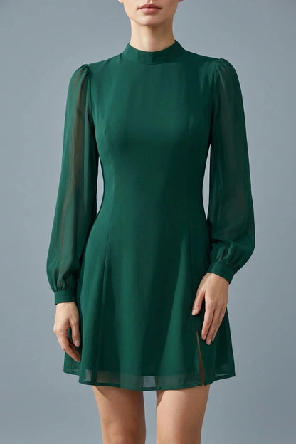 Stand Collar Mini Dress With Sheer Bishop Sleeves And Side Slit