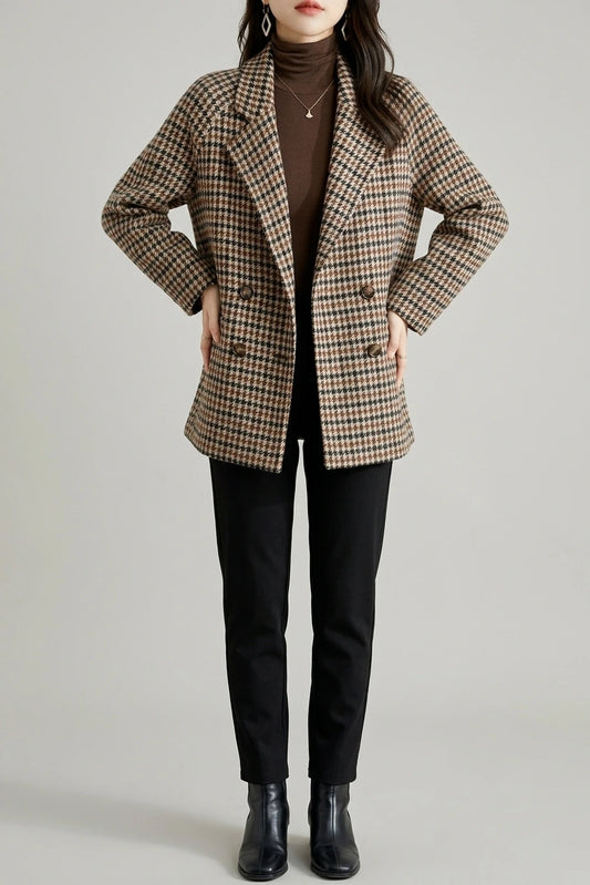 Women's Houndstooth Double-Breasted Blazer Hip-Length — variant_front