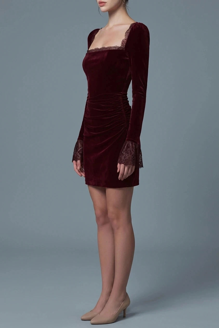 Velour Square Neck Mini Dress Ruched Body Lace Trim Long Sleeves