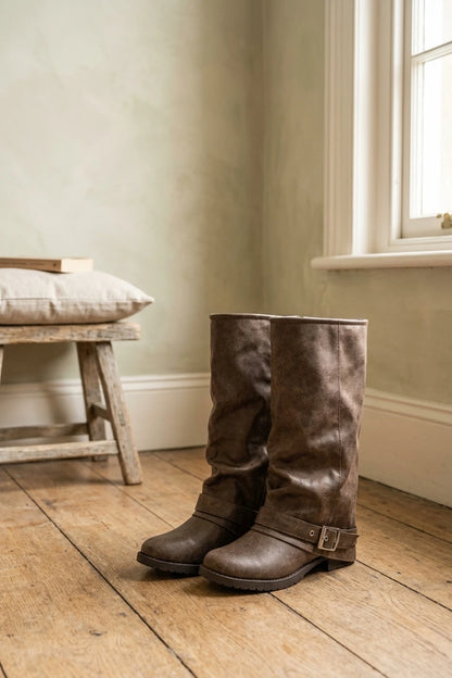 Brown Knee High Slouch Boots Buckle — variant_front