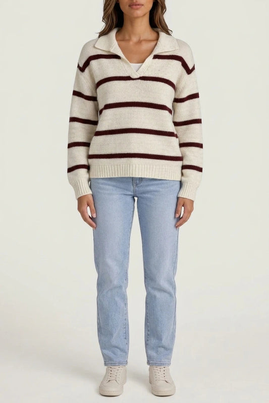 Women's Wool Striped Jumper, Collared V-Neck Long Sleeve Knit — gallery