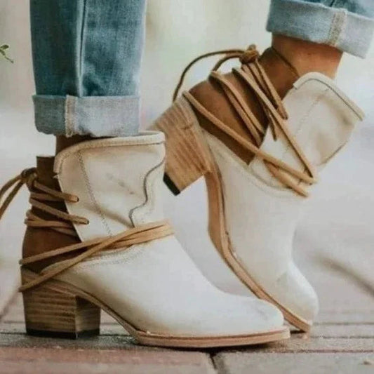 Western Ankle Boots with Wrap Lace Detail & Block Heel — variant_front