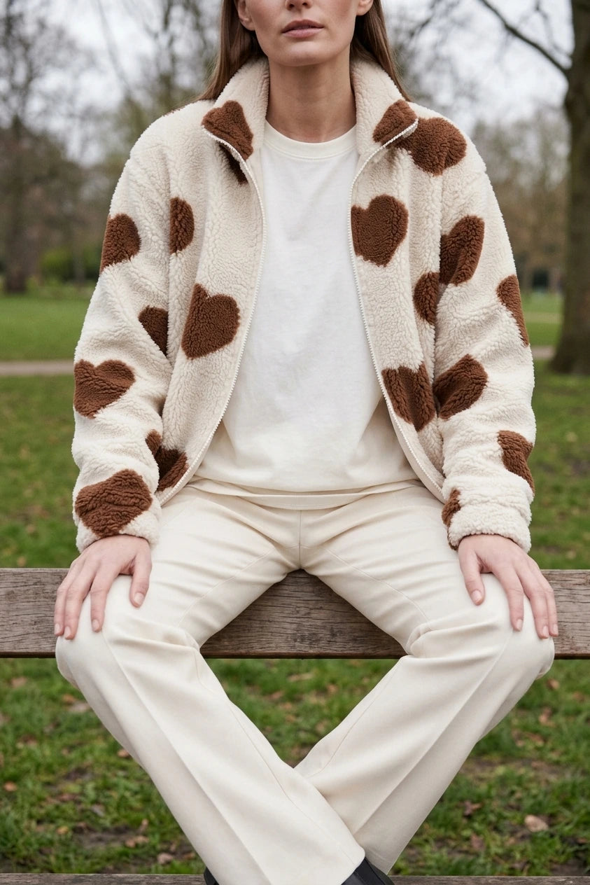 Brown Heart Teddy Fleece Jacket Relaxed — variant_front